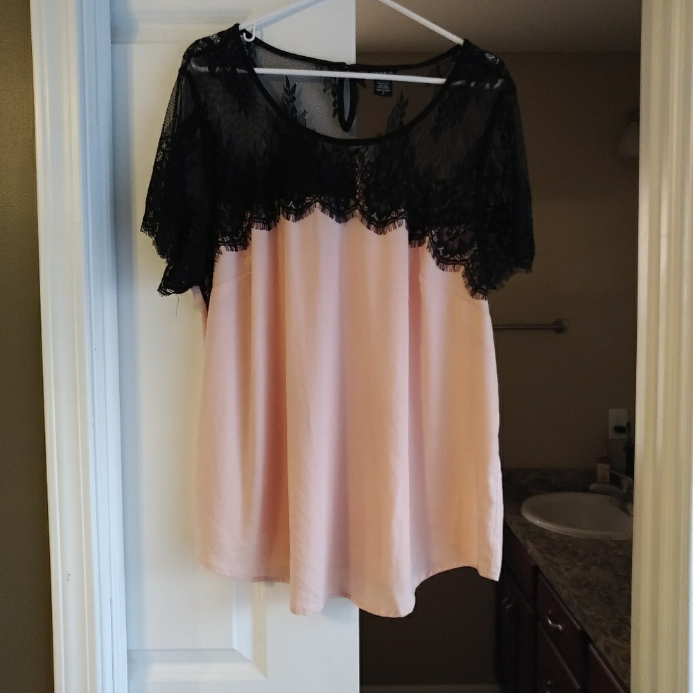 torrid Blush Pink Top with Black Lace Overlay